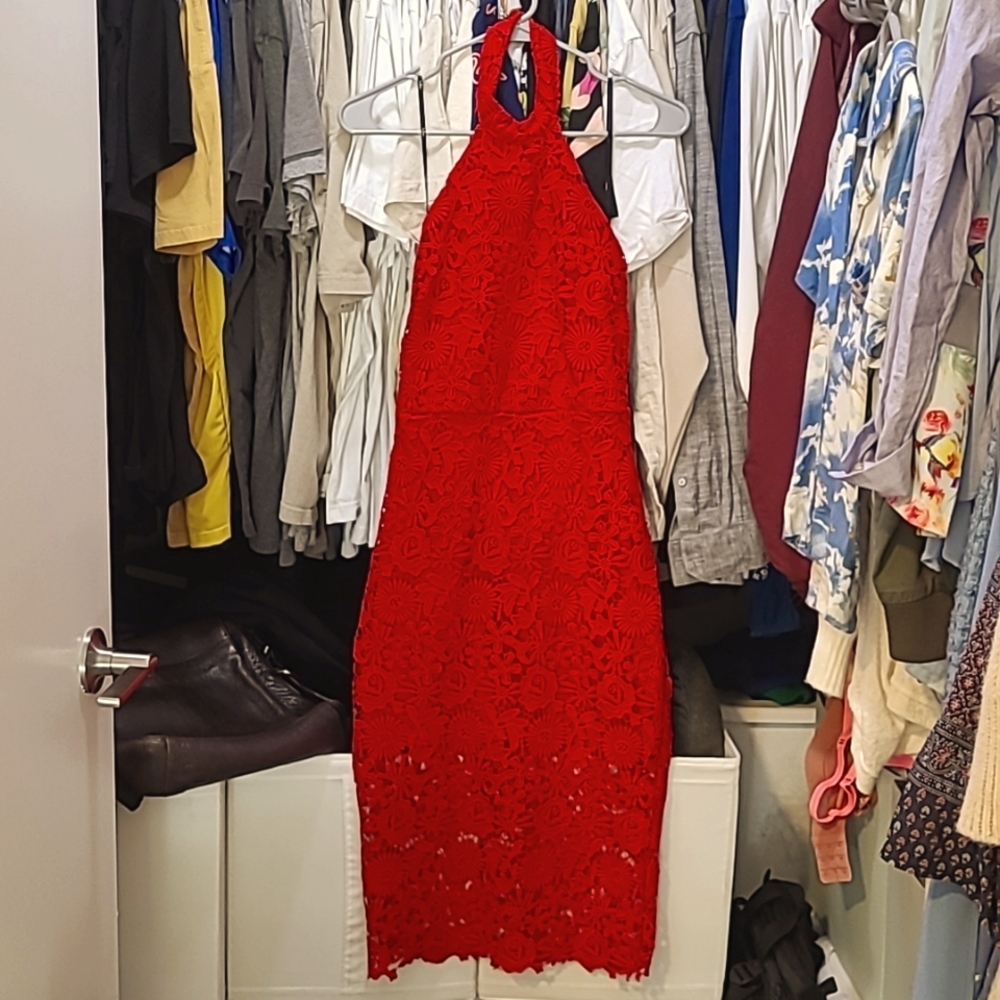 Red halter midi dress